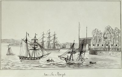 البطارية وميناء نيويورك ، 1831 (قلم وحبر ومرحاض على ورق) بواسطة غوستاف دي بومونت